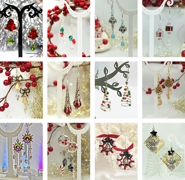collage of 12 pairs of Christmas earrings