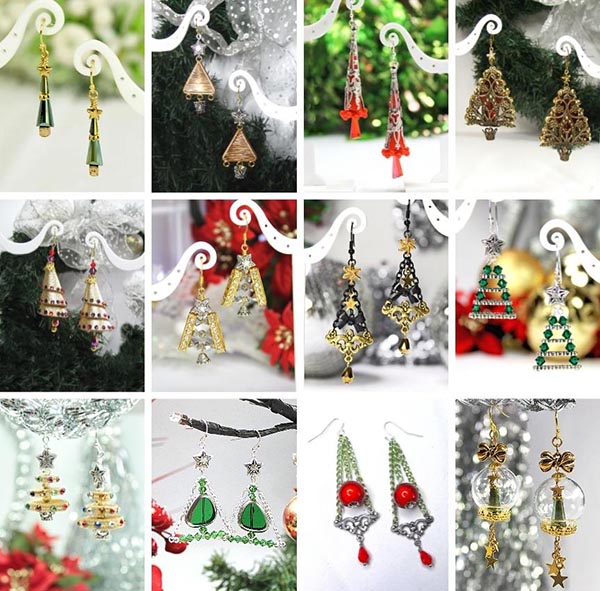 Collage of 12 DIY Christmas Tree earrings