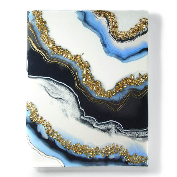 Blue and white resin geode painting with bands of gold stone chips and fine  gold vein contours