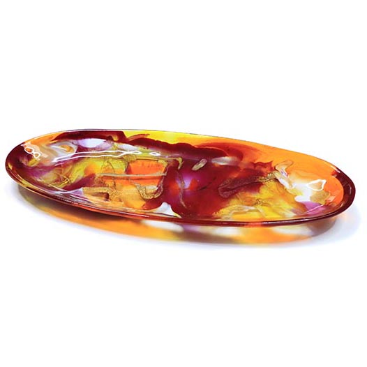 orange, yellow and burgundy narrow oval resin trinket tray
