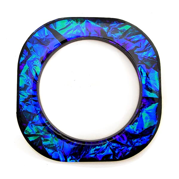 Rounded square iridescent bangle in shimmering shades of blue, purple and green